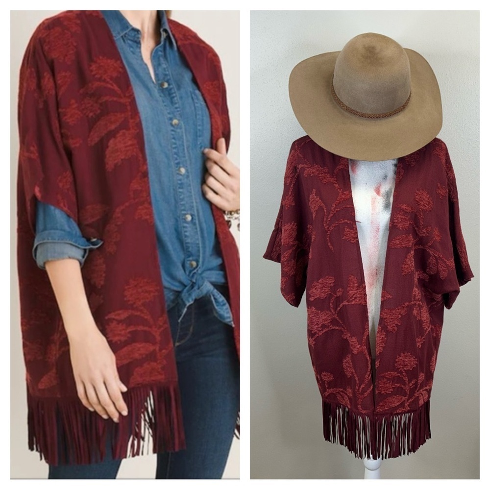 Chico's Deep Red Floral Fringe Poncho